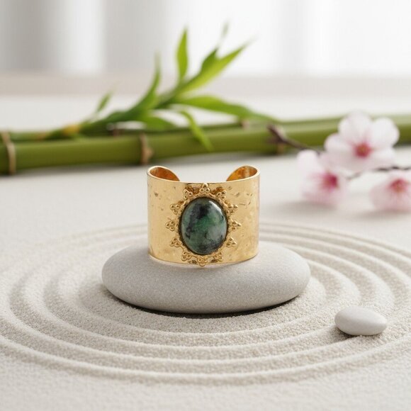 Elegant 18K Gold Plated Adjustable Ring with Moss Agate Stone, Fits 7-8 💍 - Picture 11 of 17